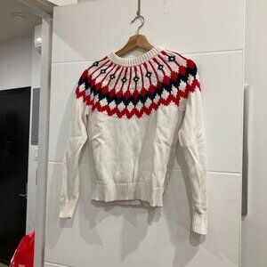 J Crew 100% Cotton Fair Isle Knit Sweater XS White Red Navy Crew Neck